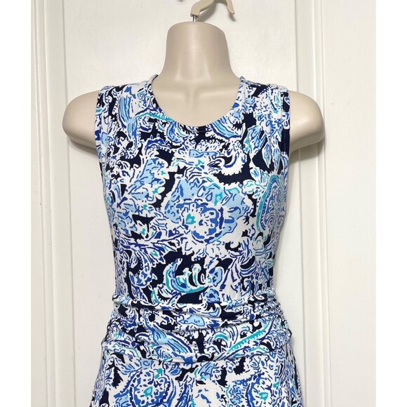 Cynthia Rowley Stretchy Fabric Sleeveless Blue & White Abstract Print Midi Dress - Picture 2 of 8